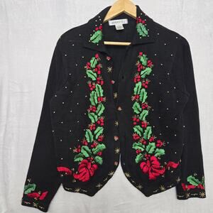 Vintage 90s Cottage Novelty Christmas Beaded Embroidered Poinsetta Cardigan M
